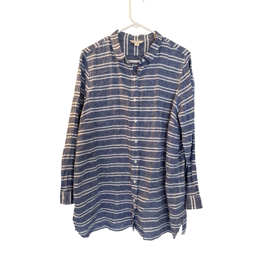 Garnet Hill Blue White Striped 100% Linen Button Down Tunic Shirt Womens‎ PL